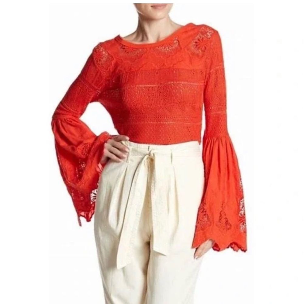 Free People Red Lace Bell Sleeve Top - Picture 4 of 15